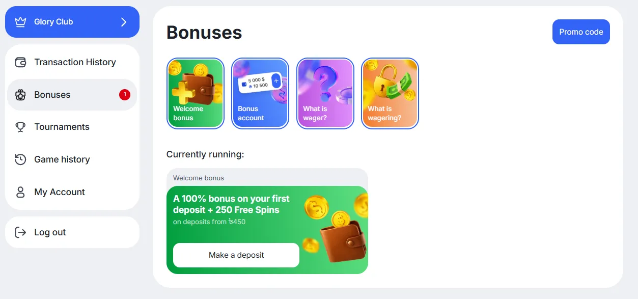 Glory Casino bonus offers and promo codes